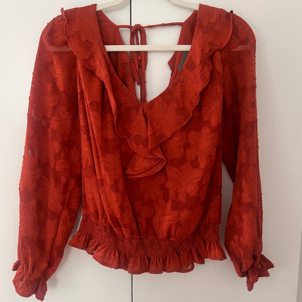 Anthropologie Red Floral Ruffle Blouse